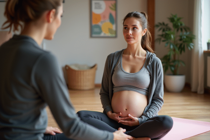 Femme enceinte en yoga préparant l'accouchement dans un studio chaleureux