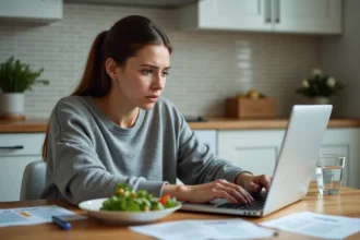 Femme consultant une application de régime alimentaire sur son ordinateur portable avec des menus imprimés éparpillés sur la table de cuisine