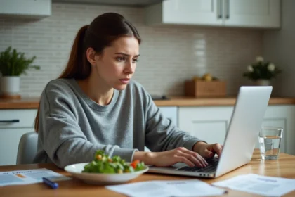 Femme consultant une application de régime alimentaire sur son ordinateur portable avec des menus imprimés éparpillés sur la table de cuisine