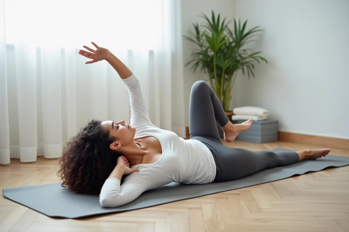 Femme pratiquant un étirement du cou et des épaules sur un tapis de yoga pour éviter les fourmis dans les bras