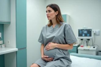 Femme assise sur une table d'examen gynécologique, mains posées sur l'abdomen, illustrant les symptômes des kystes ovariens récidivants