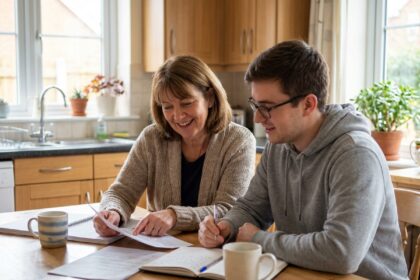 Femme et homme discutant documents dans la cuisine
