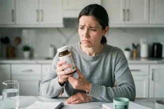 Femme tenant un flacon de complément alimentaire Nourix avec une expression de doute et d'inquiétude dans une cuisine moderne