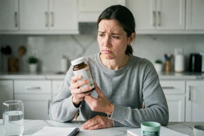 Femme tenant un flacon de complément alimentaire Nourix avec une expression de doute et d'inquiétude dans une cuisine moderne
