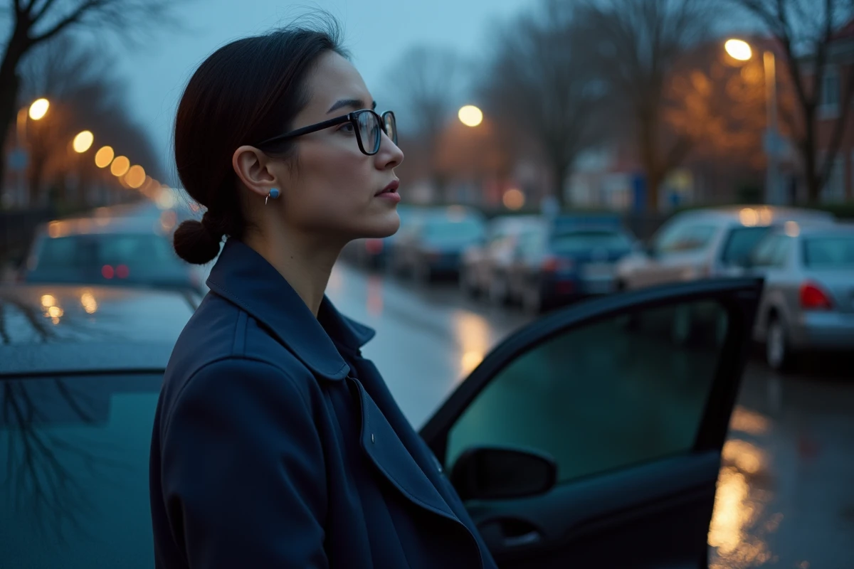 Femme portant des lunettes ZEISS debout près de sa voiture au crépuscule sous la pluie