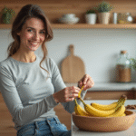 Banane : bienfaits perdre ventre, mythe ou réalité ? Femme souriante mangeant une banane dans la cuisine