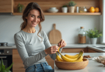 Banane : bienfaits perdre ventre, mythe ou réalité ? Femme souriante mangeant une banane dans la cuisine