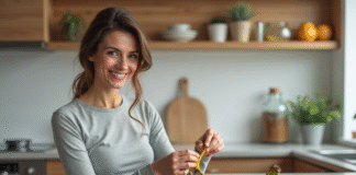 Banane : bienfaits perdre ventre, mythe ou réalité ? Femme souriante mangeant une banane dans la cuisine