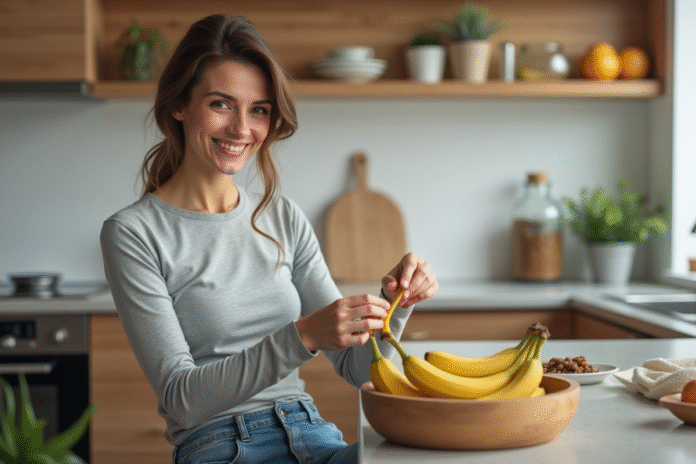 femme-mangant-bananes-cuisine Femme souriante mangeant une banane dans la cuisine