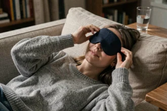 Femme utilisant un masque réutilisable pour migraine allongée sur un canapé en lin, expression de soulagement visible