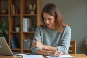 Femme massant son avant-bras pour soulager les fourmis dans les bras au bureau