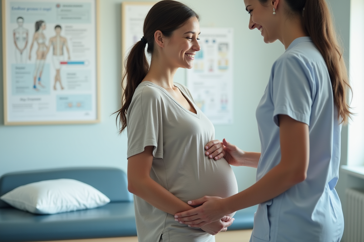 Femme enceinte en consultation avec une physiotherapeute en cabinet