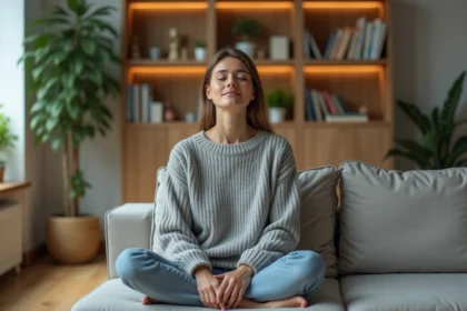 Femme en méditation dans un salon lumineux et cosy