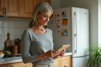 Femme de 50 ans dans une cuisine moderne lisant une étiquette nutritionnelle, illustrant la gestion du poids à la ménopause