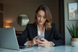 Femme narcissique contrôlant son image sur les réseaux sociaux depuis un appartement moderne
