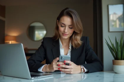 Femme narcissique contrôlant son image sur les réseaux sociaux depuis un appartement moderne