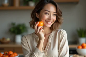 Femme naturelle tenant un persimmon dans une cuisine moderne