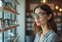 Les erreurs fréquentes à éviter lorsqu’on achète des lunettes Femme essayant des lunettes dans un magasin lumineux