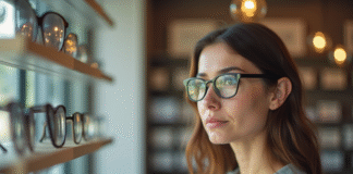 Les erreurs fréquentes à éviter lorsqu’on achète des lunettes Femme essayant des lunettes dans un magasin lumineux