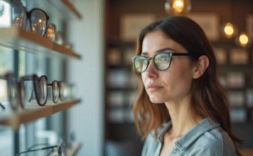 Les erreurs fréquentes à éviter lorsqu’on achète des lunettes Femme essayant des lunettes dans un magasin lumineux