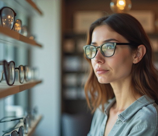 Les erreurs fréquentes à éviter lorsqu’on achète des lunettes Femme essayant des lunettes dans un magasin lumineux
