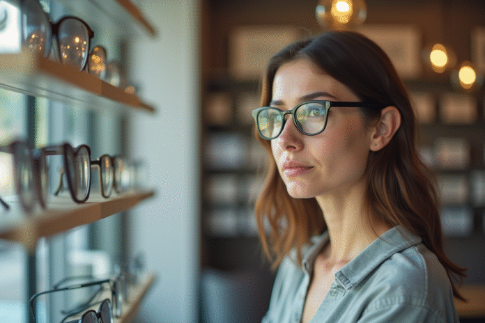 Femme essayant des lunettes dans un magasin lumineux