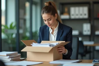 Femme organisant des documents sur son bureau moderne
