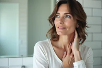 Femme de 40 ans qui palpe son ganglion du côté gauche du cou avec les doigts, dans une salle de bain moderne