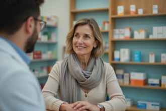 Femme d'âge moyen parlant avec un pharmacien dans une pharmacie