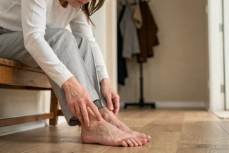 Femme tenant son pied douloureux à la pointe, assise sur un banc en bois dans un couloir de maison, expression de gêne légère