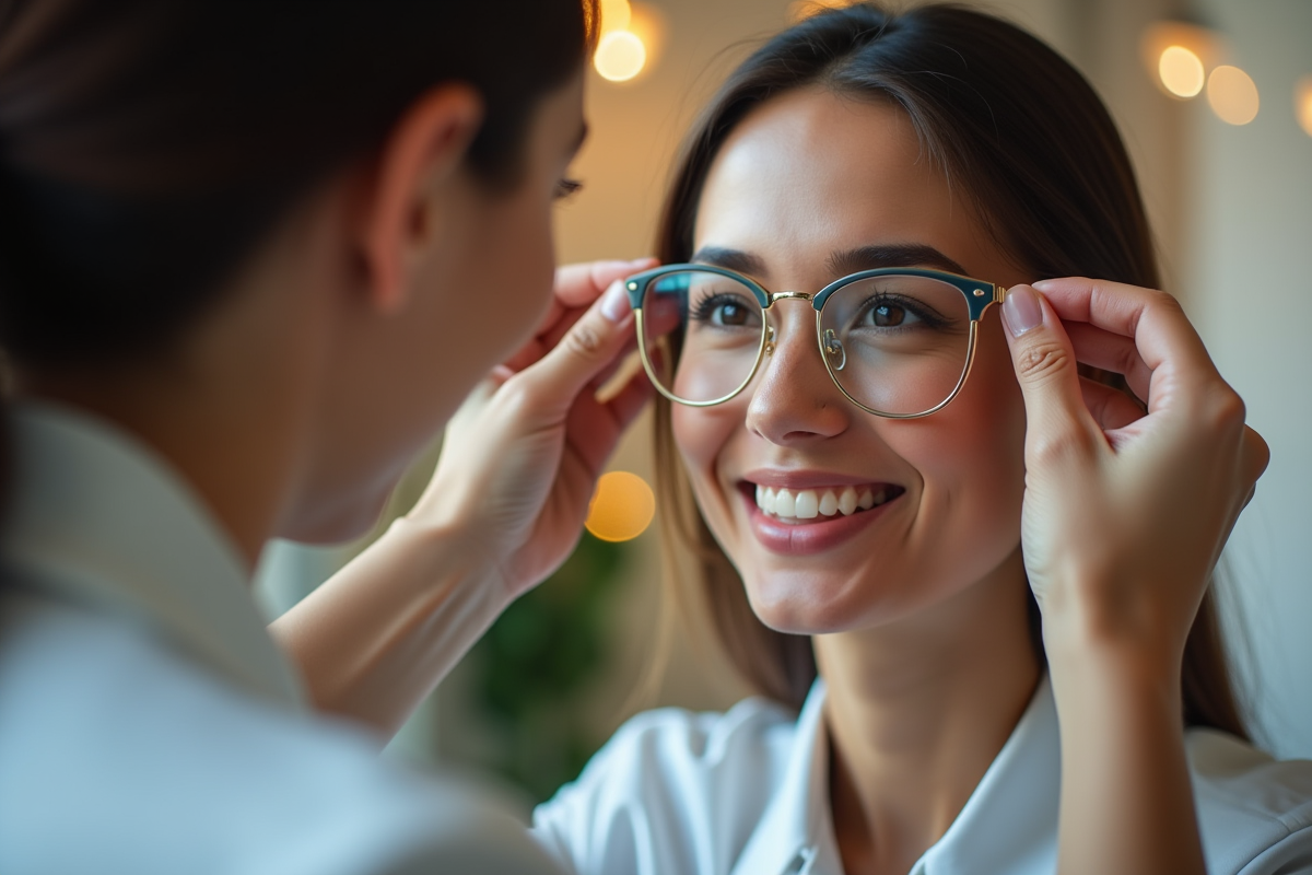 Femme souriante portant lunettes dans intérieur doux