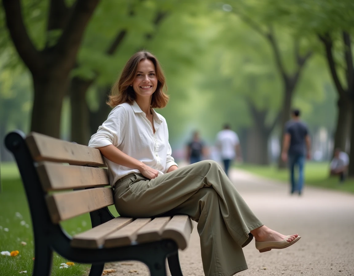 Femme assise en position ouverte et confiante sur un banc en bois dans un parc urbain verdoyant