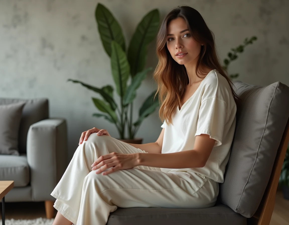 Jeune femme assise dans une position détendue et naturelle sur un canapé moderne dans un salon contemporain