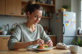 Femme en cuisine préparant un repas équilibré dans un cadre moderne