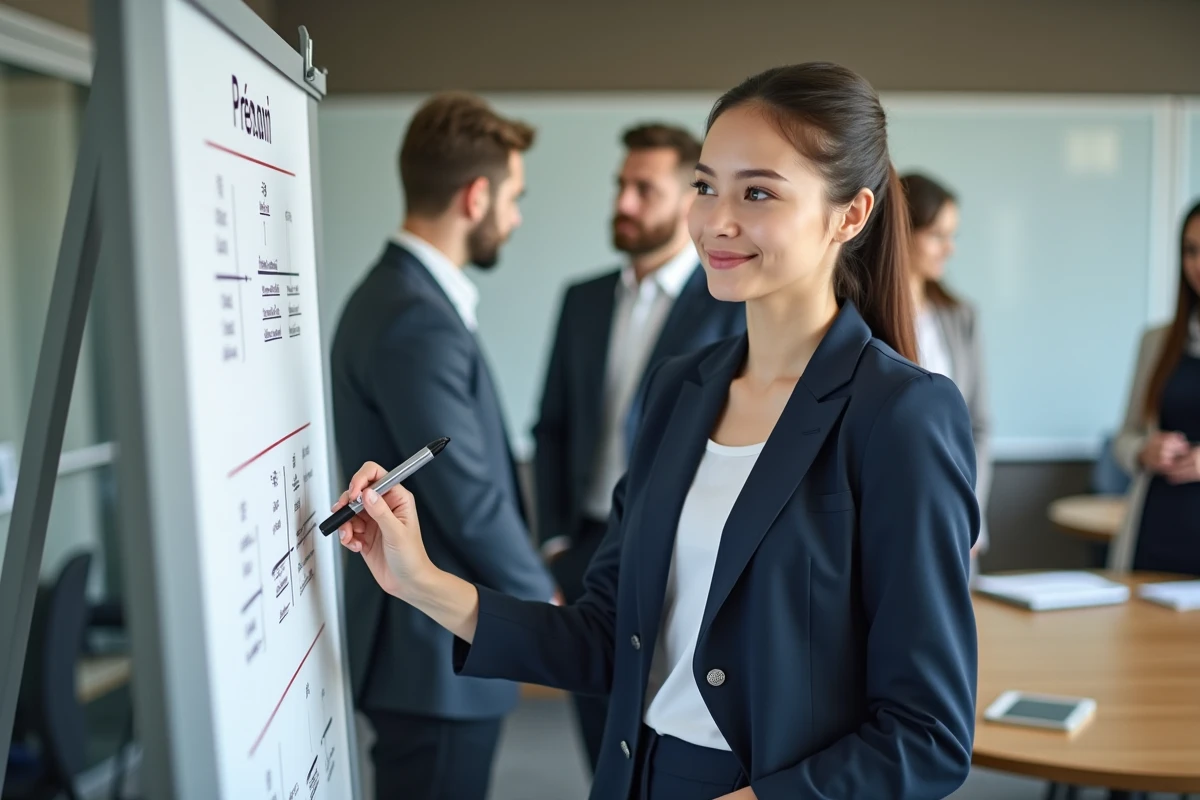 Jeune femme en réunion expliquant diagramme prévention