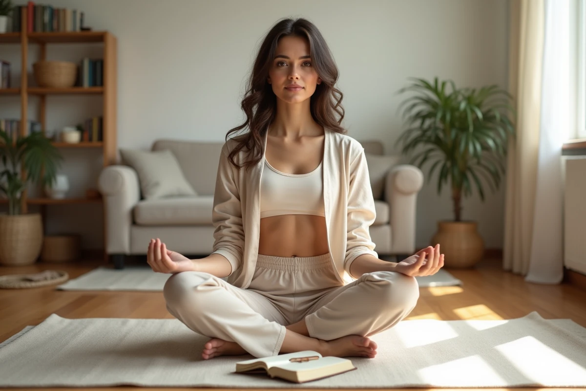 Jeune femme en tenue de sport assise sur un tapis de yoga chez elle, tenant un journal de santé, symbolisant la prévention des kystes ovariens récidivants