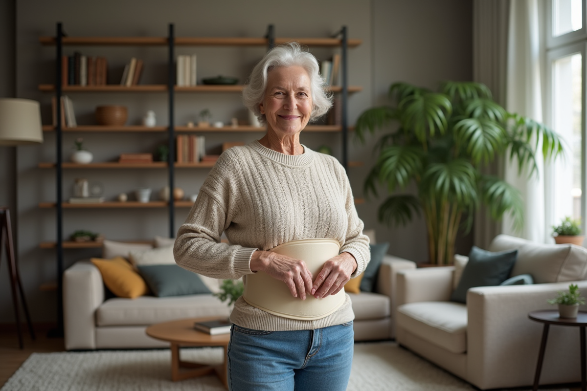 Femme ajustant sa ceinture de protection à la maison