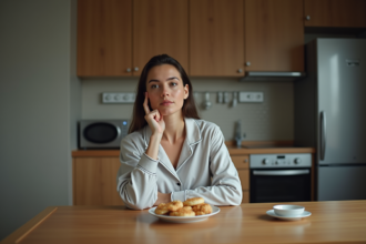 Femme en pyjamas assise pensivement à la cuisine en soirée