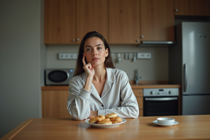 Femme en pyjamas assise pensivement à la cuisine en soirée
