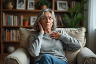 Femme en réflexion touchant son trapèze dans un salon chaleureux