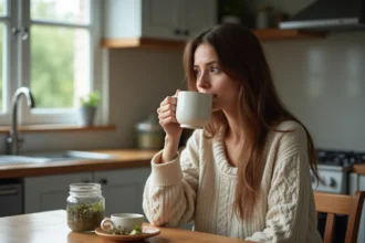 Jeune femme buvant une infusion dans la cuisine chaleureuse