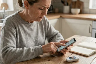 Femme diabétique entrant ses données de glycémie dans une application de suivi santé sur smartphone, avec un glucomètre posé sur une table en bois