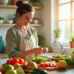 Femme souriante préparant une salade saine dans la cuisine