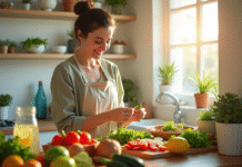 Femme souriante préparant une salade saine dans la cuisine