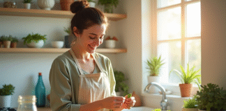 Femme souriante préparant une salade saine dans la cuisine
