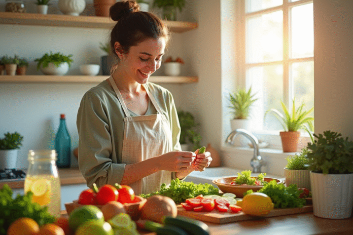 Femme souriante préparant une salade saine dans la cuisine