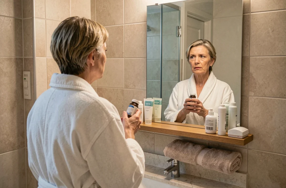 Femme d'une cinquantaine d'années se regardant dans un miroir de salle de bain tenant un flacon de Nourix avec une expression préoccupée