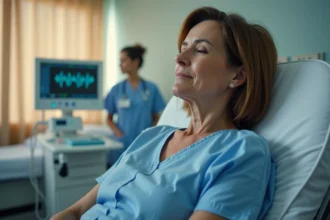 Femme en salle de réveil après une anesthésie générale, l'air somnolente dans un hôpital moderne