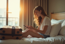 Jeune femme assise seule sur le lit d'hôtel pensant