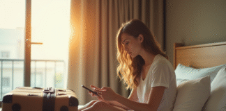 Jeune femme assise seule sur le lit d'hôtel pensant